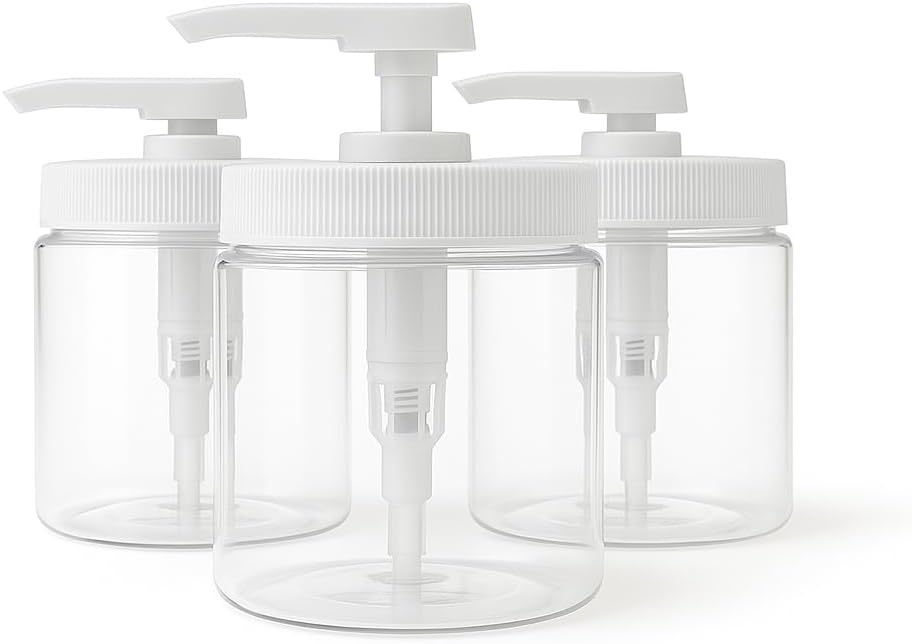 Royal Massage 16oz Refillable Pump Jar with Locking Dip Tube Dispenser – BPA-Free Plastic Container for Massage Oils, Lotions, Creams – Ribbed Lid Wide-Mouth Jar – Durable & Reusable (Clear/White, 3)