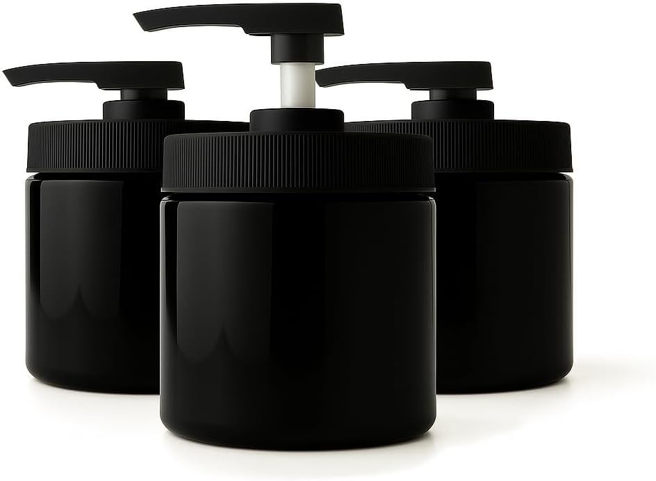 Royal Massage 16oz Refillable Pump Jar with Locking Dip Tube Dispenser – BPA-Free Plastic Container for Massage Oils, Lotions, Creams – Ribbed Lid Wide-Mouth Jar – Durable & Reusable (Black/Black, 3)