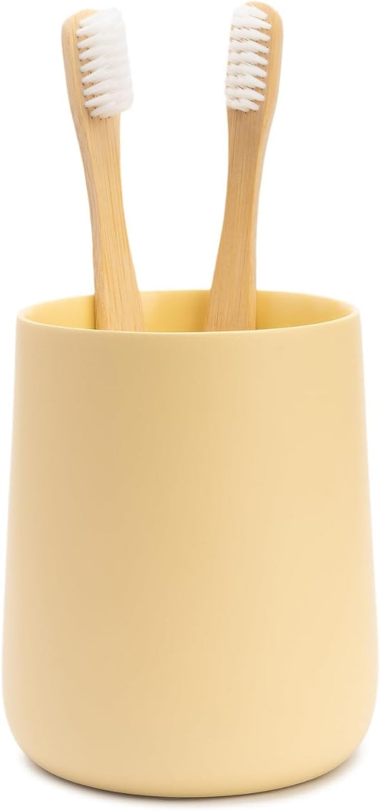 Matte Yellow Cream Toothbrush and Toothpaste Holder and Cup for Bathroom Vanity and Countertop, Round Organizer for Electric Toothbrushes, Floss, Razors, Cotton, and Mouthwash