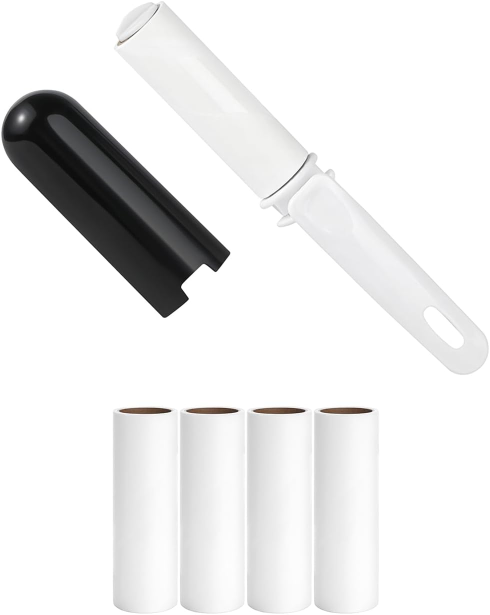 Travel Lint Roller for Clothes Mini Foldable Lint Remover with Cover and 4 Refills Total 150 Extra Sticky Sheets Travel Size Pet Hair Roller for Women Laundry Essentials (Black)