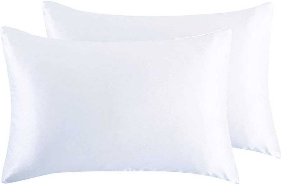 JUWENIN,Luxury Satin Pillowcase with Zipper (Silky Satin Pillow Case for Hair) Set of 2 (Standard, White)