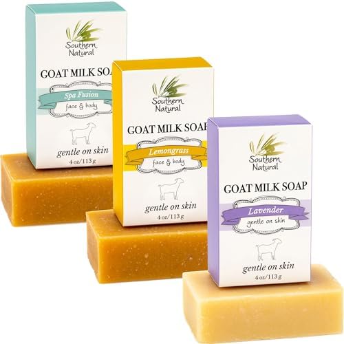 Southern Natural Goat Milk Soap Bar (Variety 3 Pack) Lavender, Lemongrass, Spa Fusion - For Dry Sensitive Skin. Natural Handmade Soap For Face and Body.(Each Bar 4-4.5 oz)