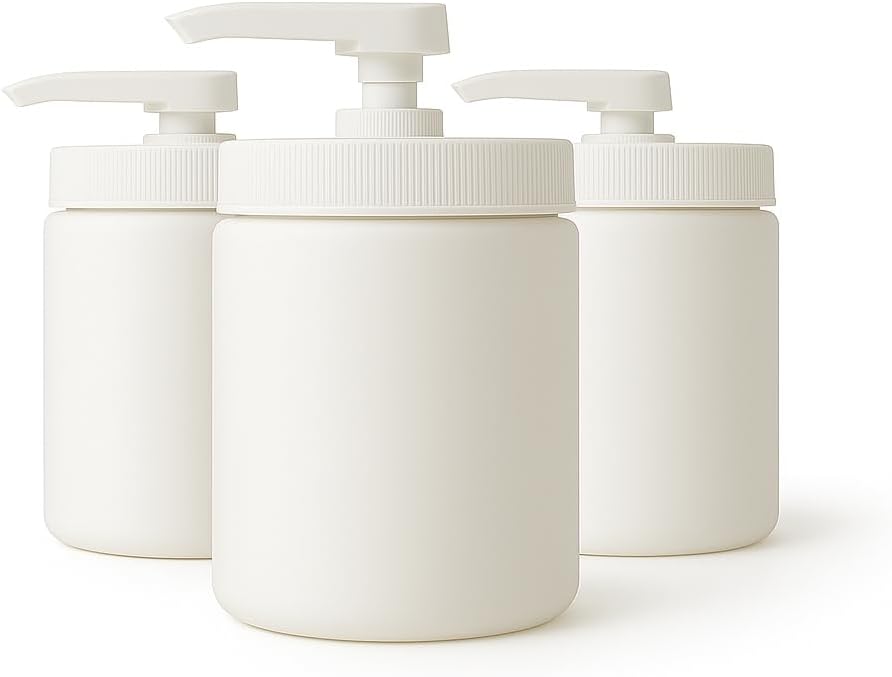 Royal Massage 16oz Refillable Pump Jar with Locking Dip Tube Dispenser – BPA-Free Plastic Container for Massage Oils, Lotions, Creams – Ribbed Lid Wide-Mouth Jar – Durable & Reusable (White/White, 3)
