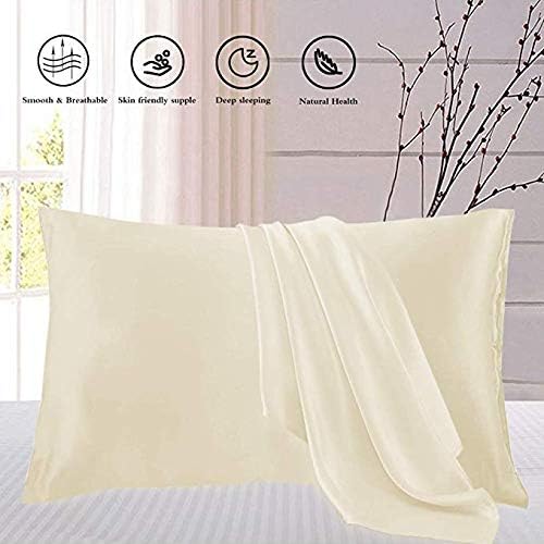 JUWENIN,Luxury Satin Pillowcase with Zipper (Silky Satin Pillow Case for Hair) Set of 2 (Standard, Beige)