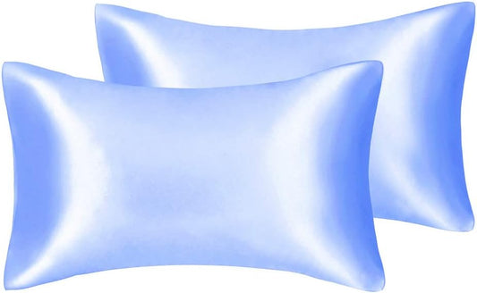 JUWENIN,Luxury Satin Pillowcase with Zipper (Silky Satin Pillow Case for Hair) Set of 2 (Queen, Blue)
