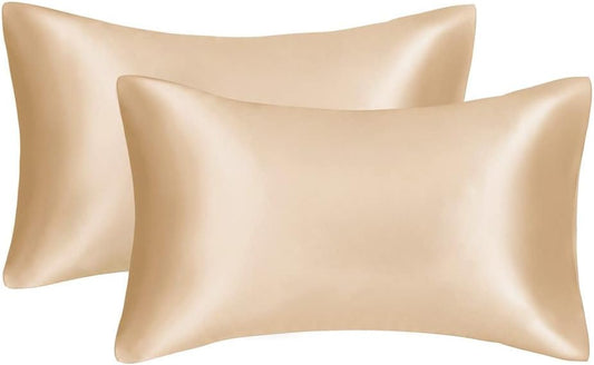 JUWENIN,Luxury Satin Pillowcase with Zipper (Silky Satin Pillow Case for Hair) Set of 2 (Standard, Gold)