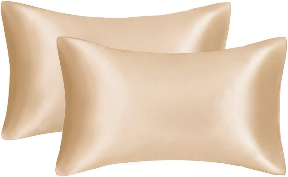 JUWENIN,Luxury Satin Pillowcase with Zipper (Silky Satin Pillow Case for Hair) Set of 2 (Queen, Gold)