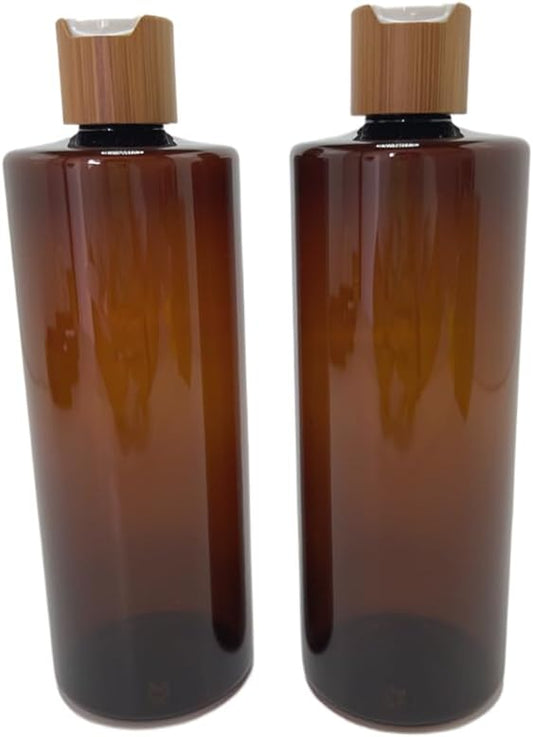 Empty Cosmetic Bottles 16oz/500ml 2 PACK With Bamboo Disc Top Flip Cap for Shampoo Lotion Liquid Soap,Cream,Refilable Plastic Squeeze Travel Size Toiletry Bottles Brown