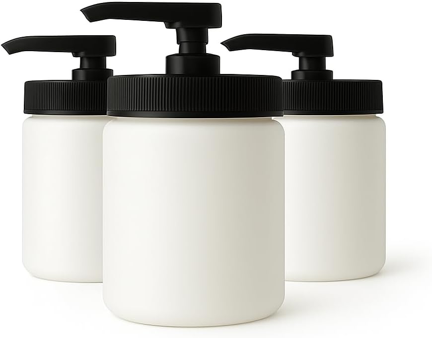 Royal Massage 16oz Refillable Pump Jar with Locking Dip Tube Dispenser – BPA-Free Plastic Container for Massage Oils, Lotions, Creams – Ribbed Lid Wide-Mouth Jar – Durable & Reusable (White/Black, 3)