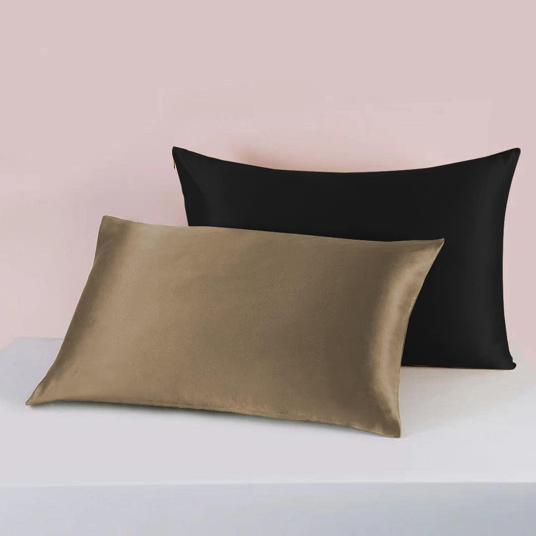25 Momme Premium Mulberry Silk Pillowcase for Hair and Skin | Handcrafted Hypoallergenic & Anti-Acne Silk Pillow Cases with Zipper | Queen - 20" x 30", Chocolate