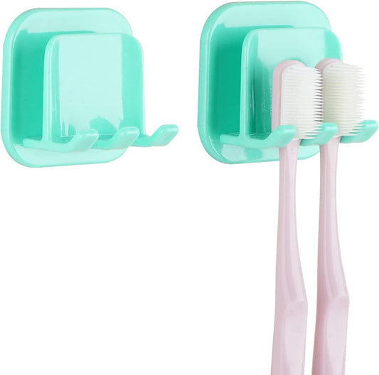 2 PCS Self-Adhesive Toothbrush Holders Wall Mounted, Water Proof Toothbrush Hook, 2 in 1 with Toothbrush Hanger and Gargle Cup Holder for Bathroom Shower (Green)