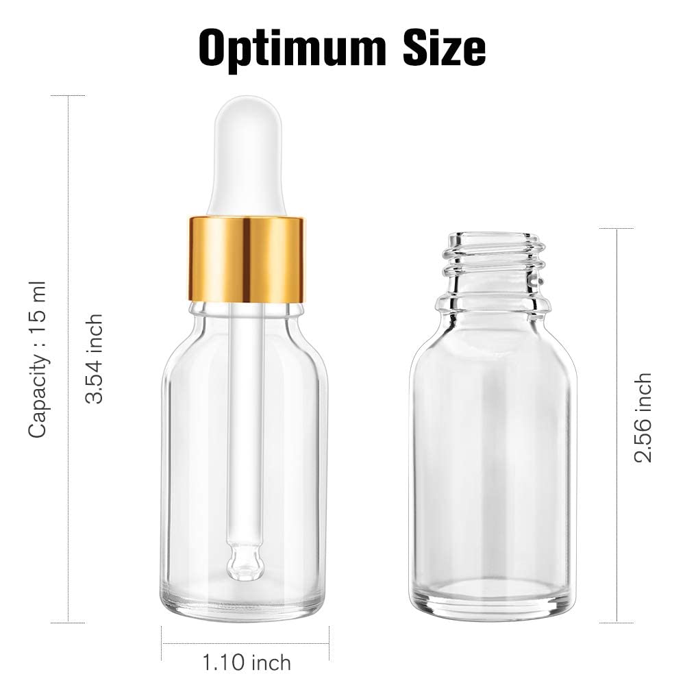 PrettyCare Glass Eye Dropper Bottles 24 Pack, 0.5oz (15ml) Clear Empty Thick Bottles Bulk with Leakproof Golden Caps - With Labels & Funnels for Storage, Travel, Essential Oils, Cuticle, Tinctures