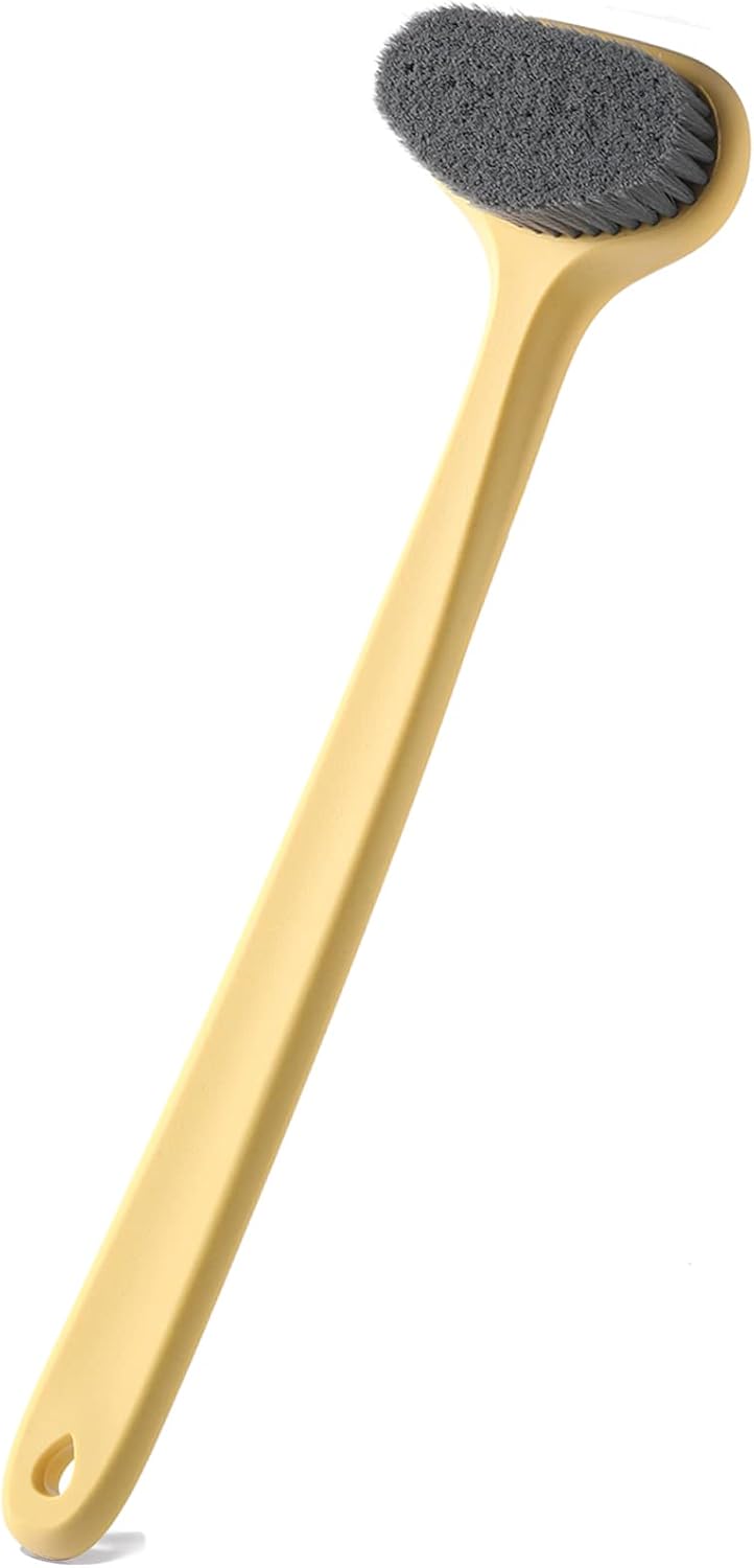 Upgraded Bath Body Brush with Comfy Bristles Long Handle Gentle Exfoliation Improve Skin's Health and Beauty Bath Shower Wet or Dry Brushing Body Brush (14 inch, Gold)