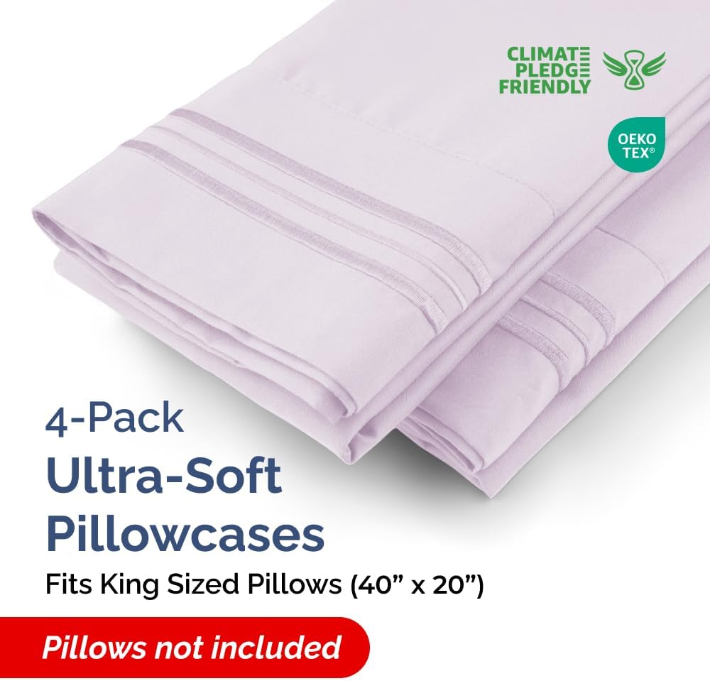 King Pillow Cases Set of 4 - Ultra Soft Hotel Quality Pillowcase Covers - Comfy, Cozy & Wrinkle Free - Shrinkage and Fade Resistant - Machine Washable Pillow Protectors - 4 Piece Set - Light Lavender