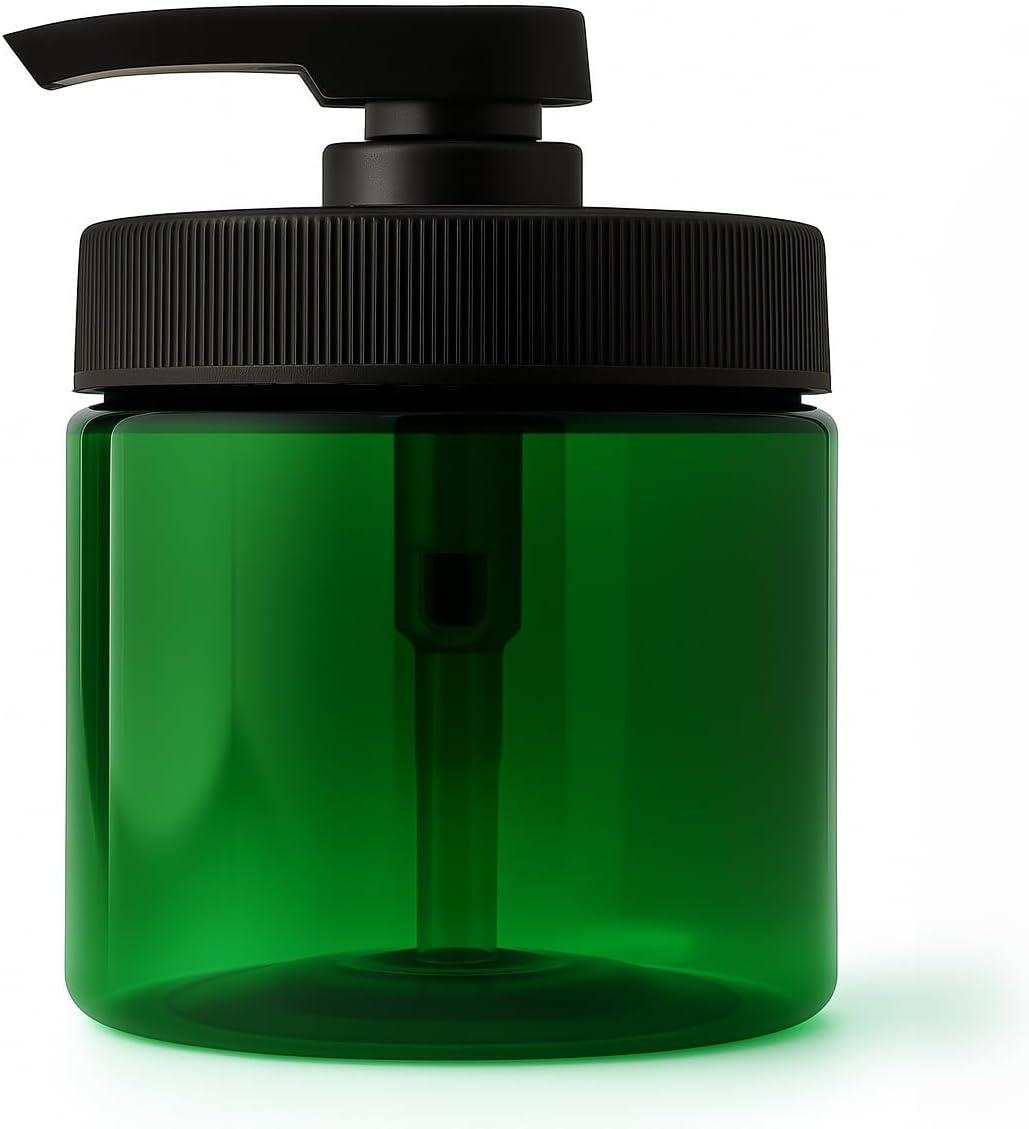 Royal Massage 16oz Refillable Pump Jar with Locking Dip Tube Dispenser – BPA-Free Plastic Container for Massage Oils, Lotions, Creams – Ribbed Lid Wide-Mouth Jar – Durable & Reusable (Green/Black, 2)