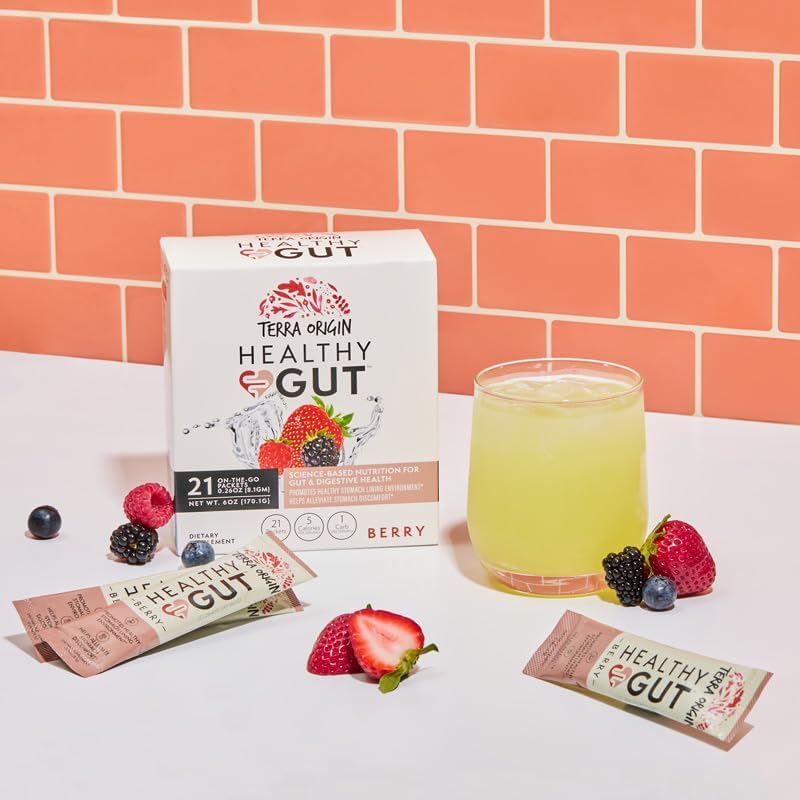 TERRA ORIGIN Healthy Gut Stick Packs, L-Glutamine, Slippery Elm, Aloe Vera, Licorice Root Extract, Gut Health, Digestive Support, Leaky Gut Repair, Immune Function, On-The-Go, 21 Ct, Berry