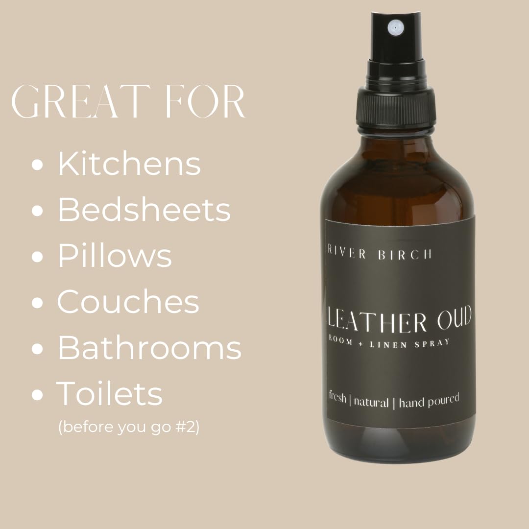 River Birch Luxury Linen and Room Spray - Leather Oud Home Signature Scent - Room Fragrance Spray - Fragrant Fresh Linen Air Freshener For Bedding - Handmade in Texas - 4 oz Glass Amber Bottle