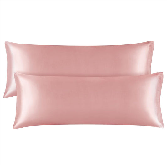 BEDELITE Satin Body Pillow Cover 2 Pack, Super Soft and Cooling Body Pillow Pillowcase for Hair and Skin, Breathable Silky Full Long Pillowcase Cover(20"x54", Rose Pink)