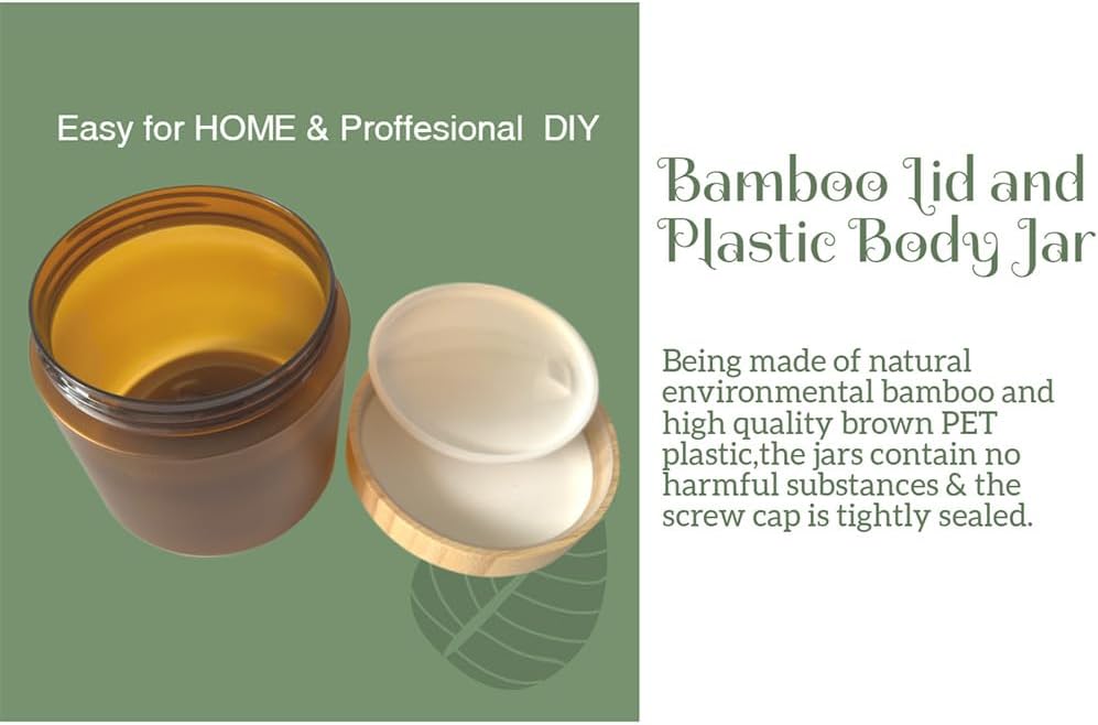 Empty Bamboo Lid Jar 16oz/500g,Refilable Plastic Round Cosmetic Containers for Powder,Body Butter,Cream,Lotion,Wide Mouth Makeup Sample Storage Pot Dispenser(Brown Color)