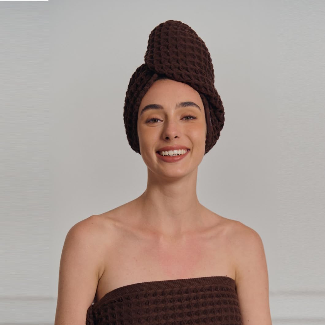 Hair Towel | 100% Cotton Silk Hair-Drying Waffle Wrap Turban for Women, Ultra-Absorbent, Anti Frizz, Hair Damage Protection for Straight and Curly Hair (Dark Cocoa, 2 Pack)