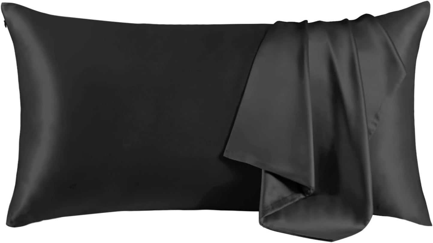 THXSILK Set of 2 100% Mulberry Silk Pillowcase for Hair and Skin Health, Soft Breathable and Smooth Pillowcases with Hidden Zipper, Both Sides Premium 6A+ Silk, California King 20"x40", Black