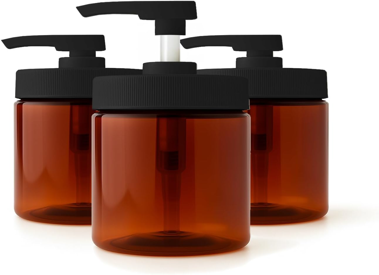 Royal Massage 16oz Refillable Pump Jar with Locking Dip Tube Dispenser – BPA-Free Plastic Container for Massage Oils, Lotions, Creams – Ribbed Lid Wide-Mouth Jar – Durable & Reusable (Amber/Black, 3)