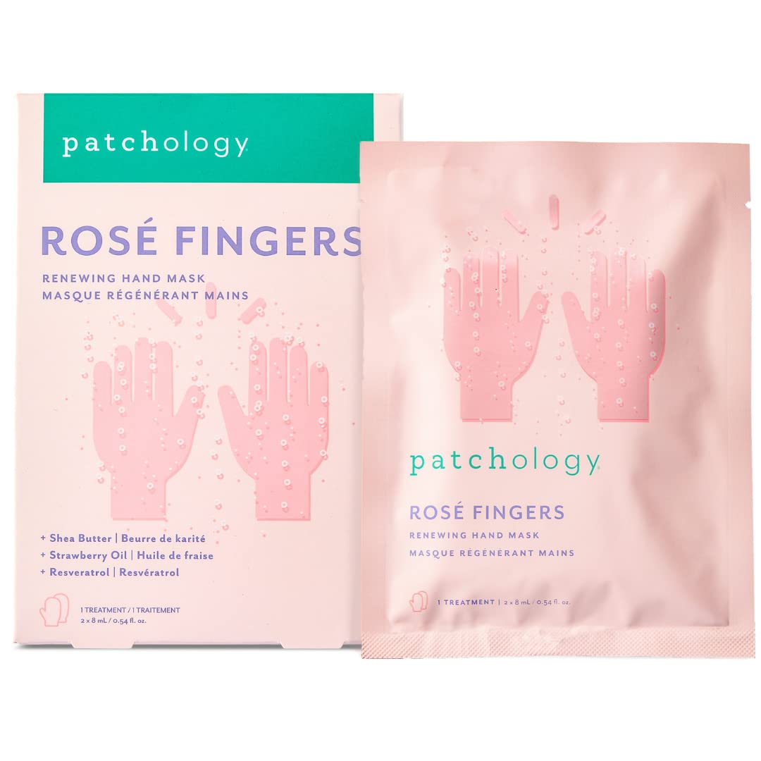 Patchology Rosé Fingers Renewing Hand Mask - Strawberry-Scented Moisturizing Gloves with Shea Butter for Dry & Cracked Hands, Repairing Hand Treatment for Baby Soft Skin, Self-Care Essential - 1 Pair