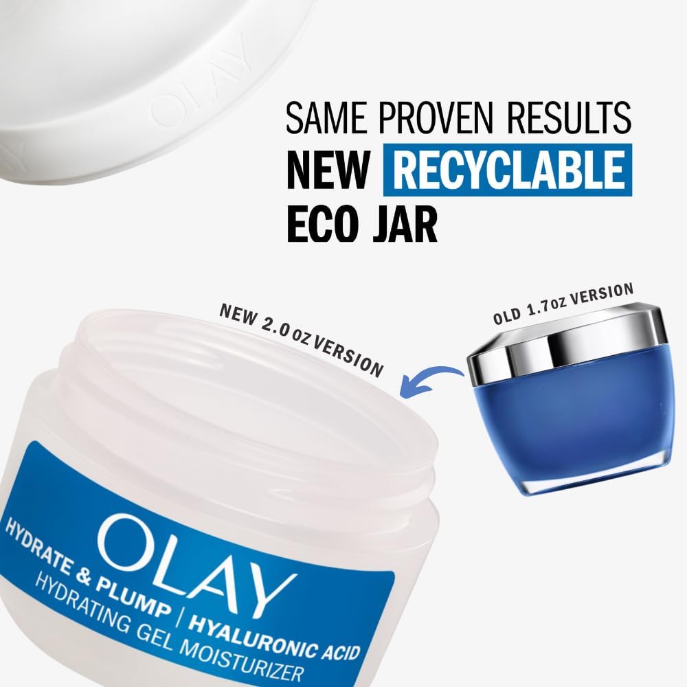 Olay Hylauronic Acid Face Mousturizer, Plump & Hydrate, Fragrance-Free - Hydrating Gel for Dry Skin Retain & Replenish Moisture, with Niacinamide - Recyclable Sustainable Eco Jar, Non-Greasy, 2 Oz