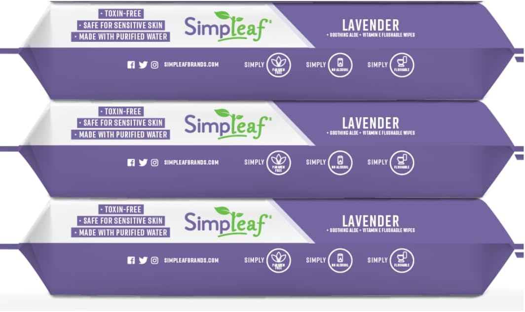 Simpleaf Flushable Wet Wipes Lavender | Plastic Free, Paraben & Alcohol Free | Hypoallergenic & Safe for Sensitive Skin | Soothing Aloe Formula | Adult Toilet Wipes (3 x 50 Counts Pack) 150 Counts