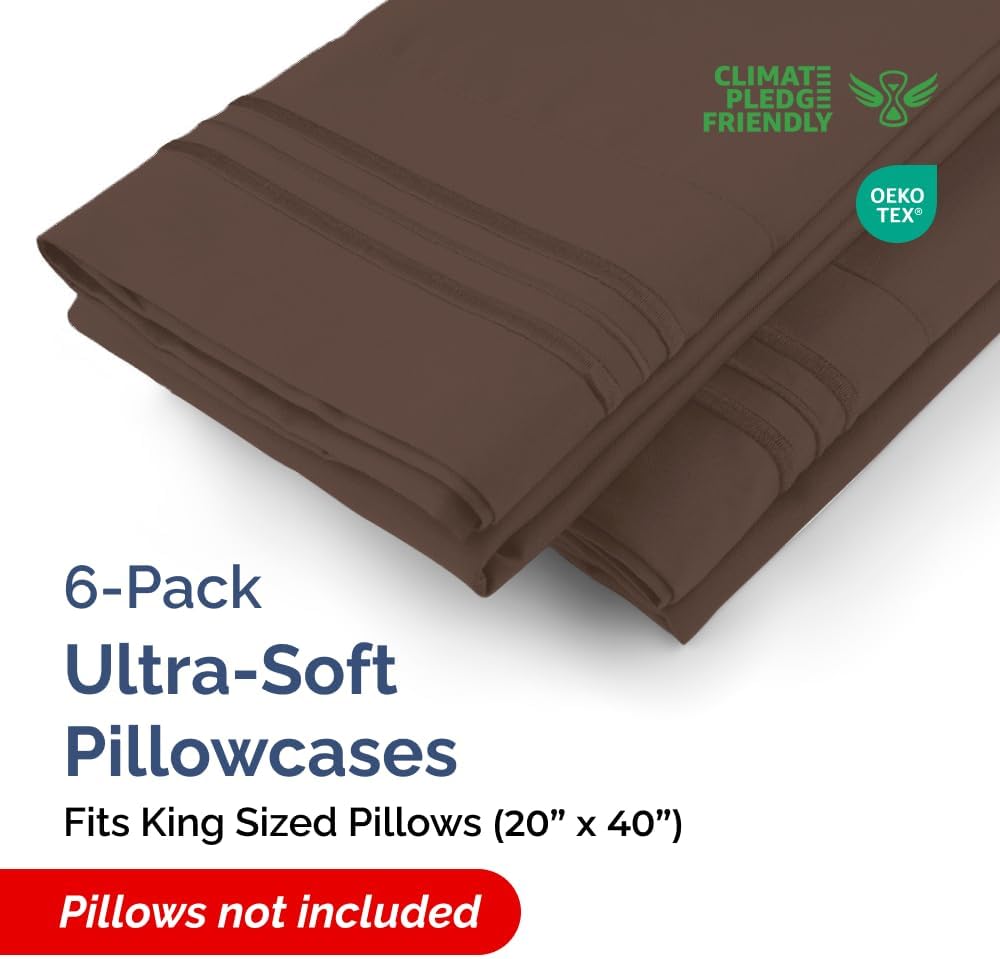 King Pillow Cases Set of 6 - Ultra Soft Hotel Quality Pillowcase Covers - Comfy & Wrinkle Free - Shrink, Stain and Fade Resistant - Easy-Care, Machine Washable Pillow Protectors - 6 Piece Set - Brown