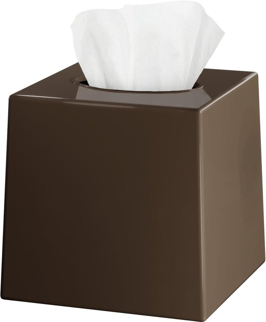 Brown Tissue Box Cover Square - Plastic Facial Tissue Box Holder - Decorative Cube Tissue Holder Dispenser Fits Any Vanity Countertop, Bedroom Dresser, Office, Bathroom Decor