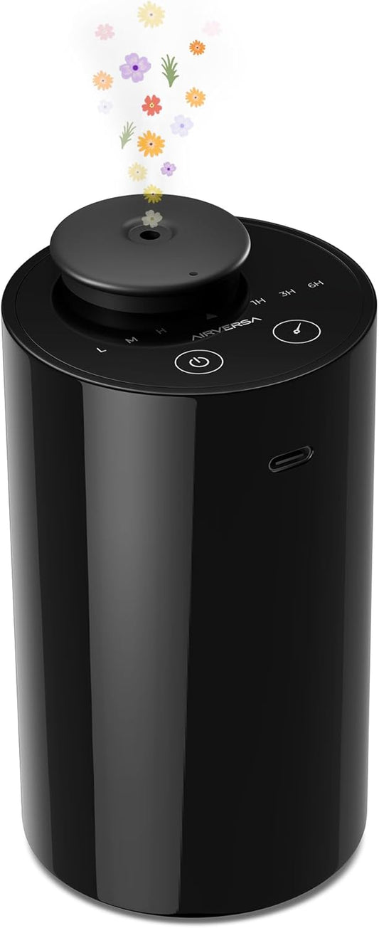 Airversa Waterless Diffuser for Essential Oil, Battery Operated Nebulizer, 0.7 Fl.Oz./ 20mL Capacity, Mini Scent Air Machine, 3 Countdown Timers & 3 Mist Levels for Home, Room, Car, Office - AN6 Black