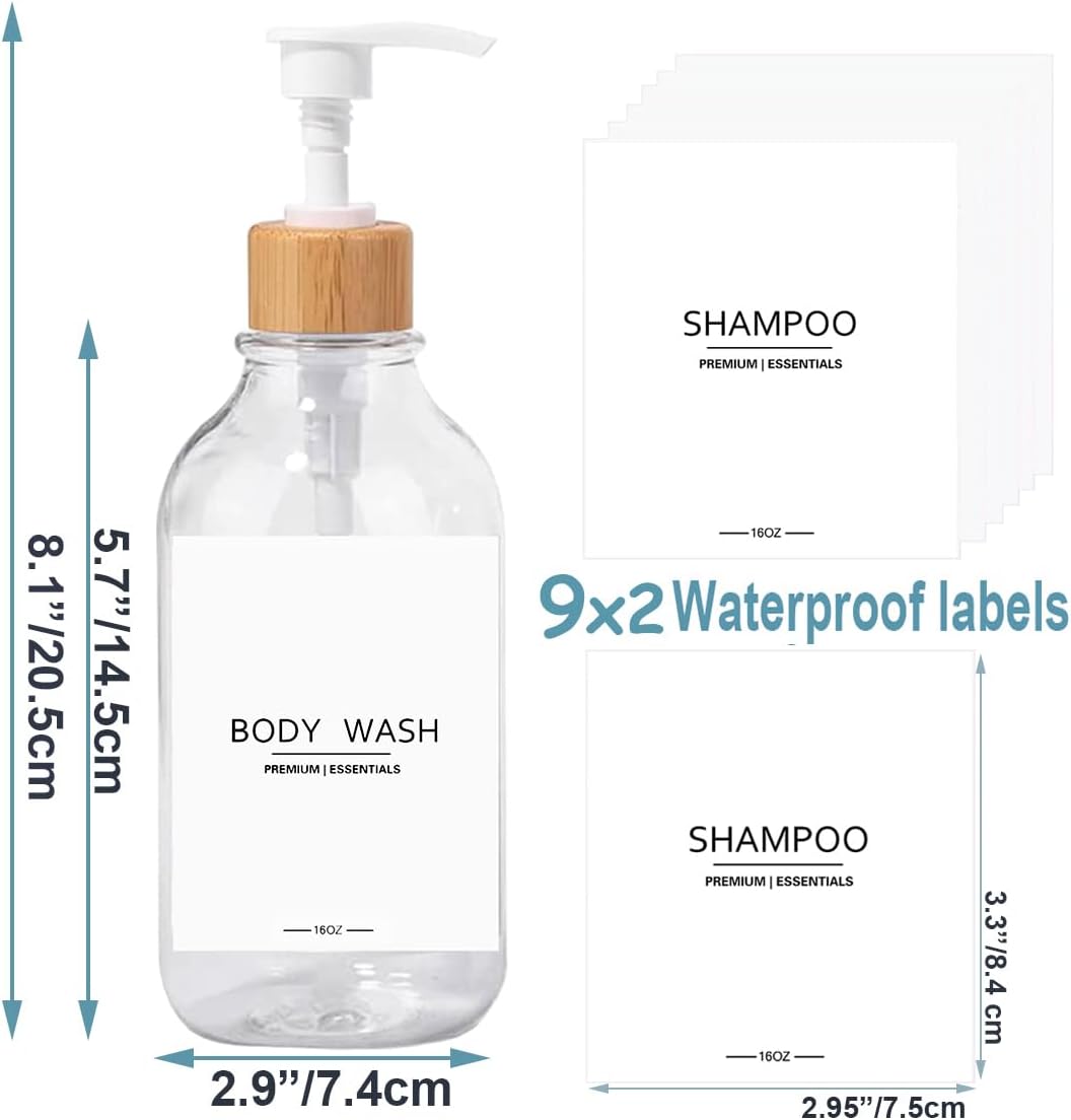 Shower Shampoo and Conditioner Bottles, Apothecary Dispenser Bamboo Pump, Refillable Bottles for Lotion Oil Hand Soap and Dish Soap, Plastic Set (3 Bottles 9 Labels) (6, Clear)