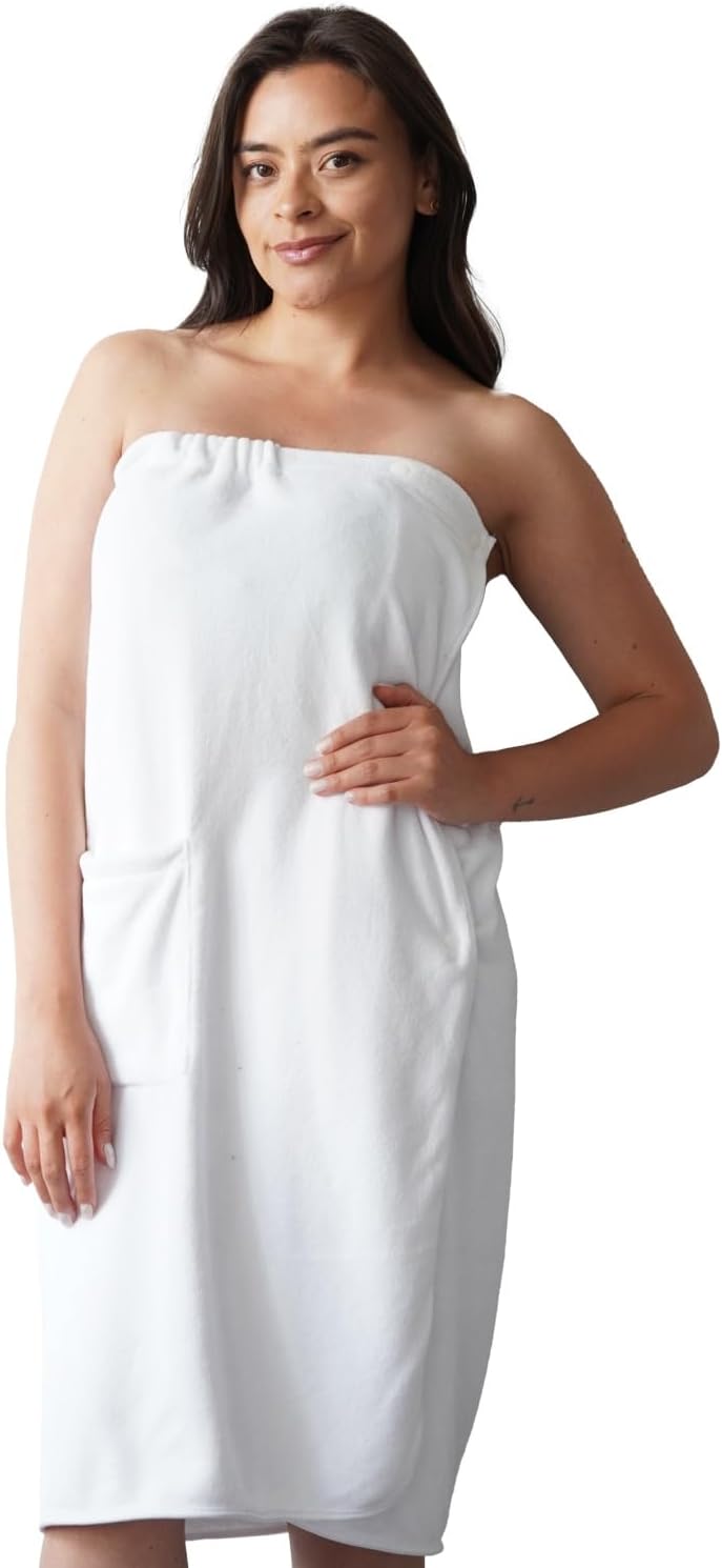 Efforest Towel Wrap For Women, Lightweight Quick Dry Wrap Towel Full Length - Adjustable Beach & Pool Bathrobe with Pocket, White-S/M