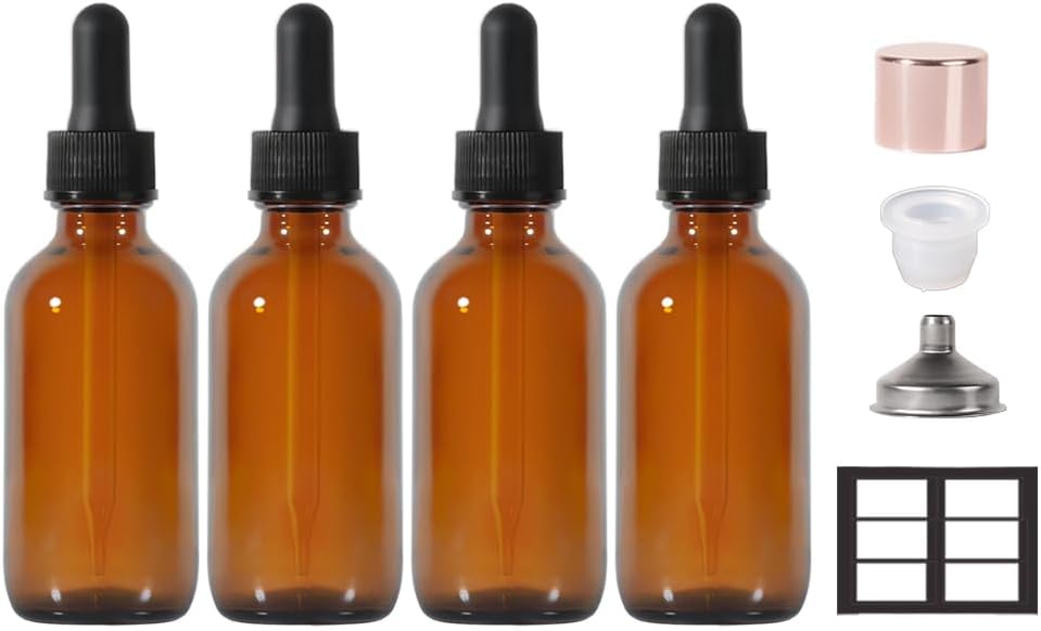 Dropper Bottle,2 oz 4 Pack Glass Droppers Bottle for Oils Eye Dropper Small Travel Oil Amber Dropper with 1 Funnel & 6 Labels - Essential Oils Bottles Tincture Bottles With Dropper Leakproof