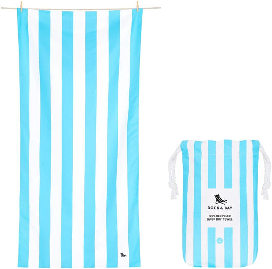 Dock & Bay Beach Towel - Quick Dry, Sand Free - Compact, Lightweight - 100% Recycled - Includes Bag - Cabana Light - Tulum Blue - Extra Large (200x90cm, 78x35)