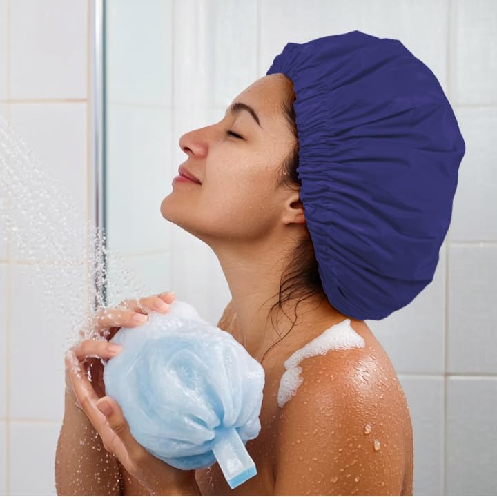 Reusable Shower Cap for Women, Large Waterproof Shower Essentials Bonnet Washable Elastic Band Bath Hair Wrap Hat for Long Hair, Braids(Dark Blue Purple)