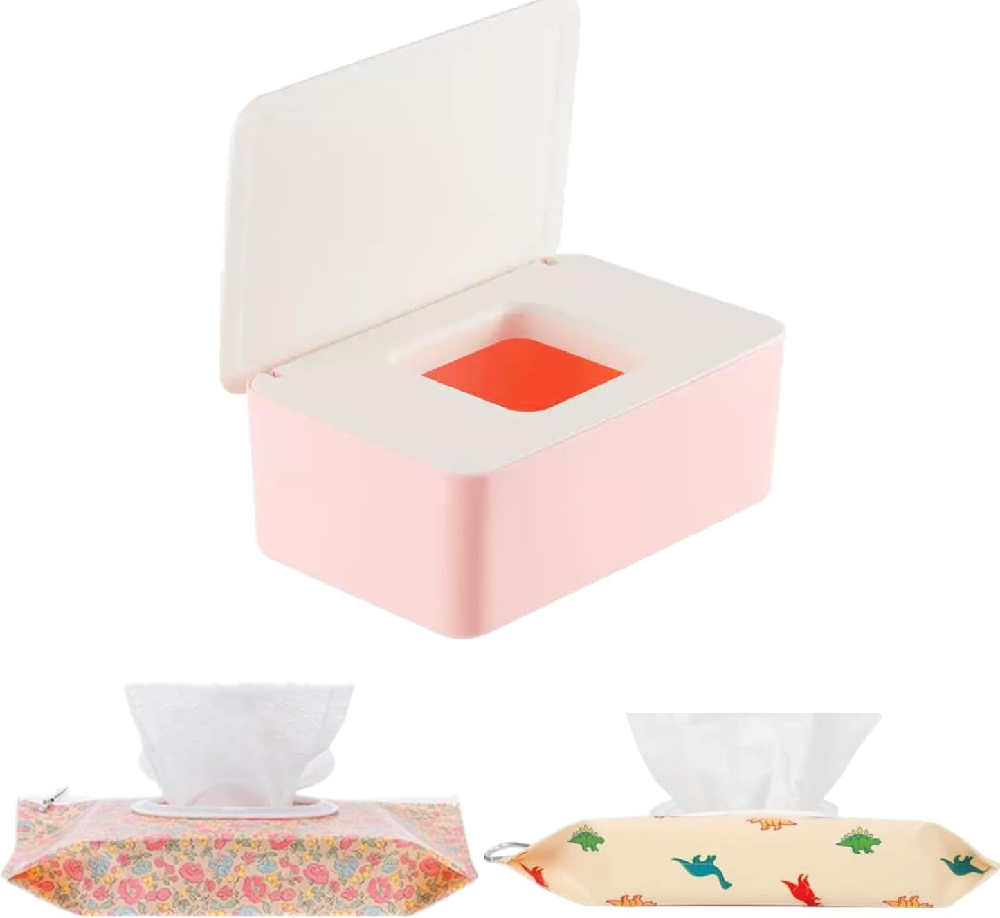 Wipes Dispenser White Pink,Reusable Flushable Wipe Holder Set with 2Pcs Refillable Portable Wipe Bag for Baby Adult Bathroom,Wipe Container with Lids Keeps Wipes Fresh,Baby Shower New Mom Gifts
