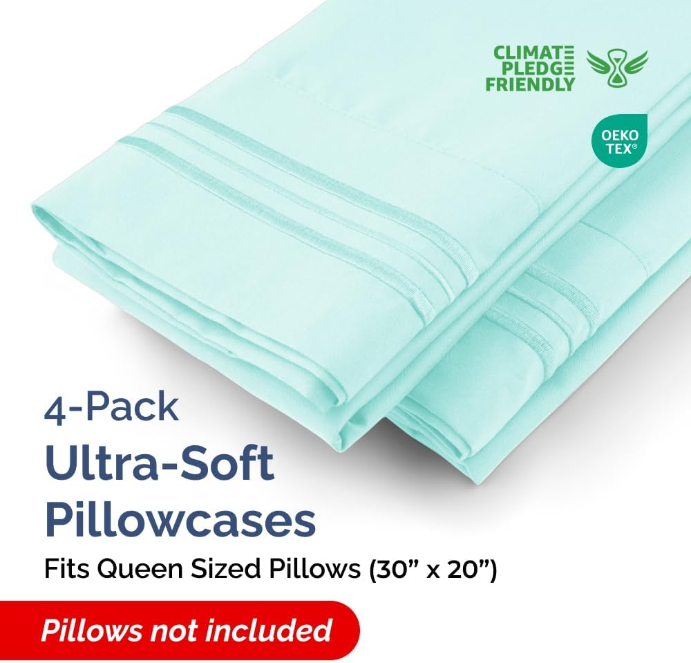 Queen Pillow Cases Set of 4 - Ultra Soft Hotel Quality Pillowcase Covers - Comfy, Cozy & Wrinkle Free - Shrinkage, Stain & Fade Resistant - Machine Washable Pillow Protectors - 4 Piece Set - Spa Blue