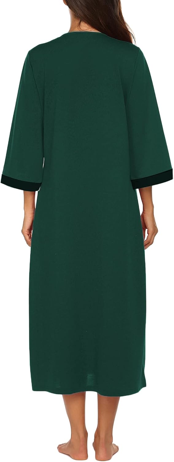 Ekouaer Women Zipper Robe 3/4 Sleeves Loungewear Dress Full Length Sleepwear Pockets Housecoat Nightgown Long Bathrobe