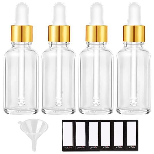PrettyCare 2 oz Dropper Bottles, 4 Pack Clear Glass Bottles 60ml with Golden Caps, 12 Labels, Funnel & Measured Pipettes-Empty Tincture for Essential Oils & Skincare