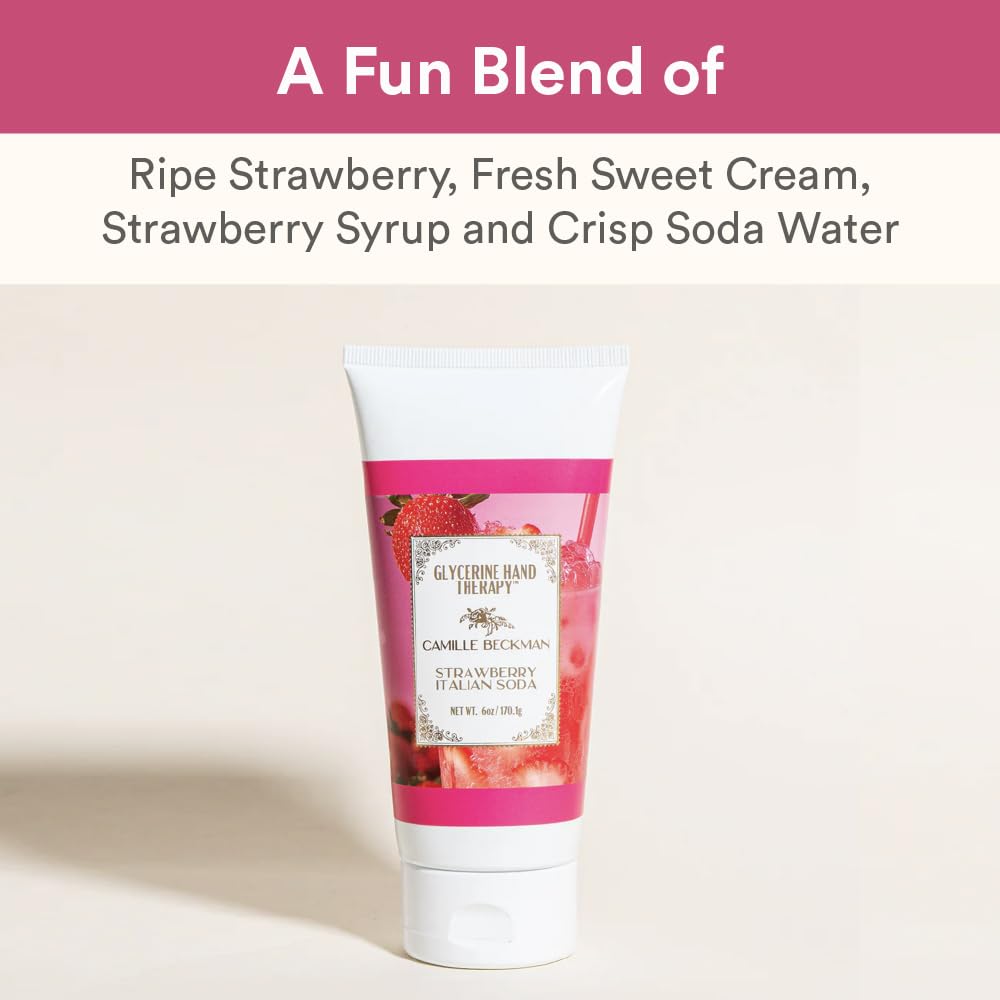 Camille Beckman Glycerine Hand Therapy Cream, Strawberry Italian Soda, Ultra Moisturizing Hand Cream for Dry, Cracked Hands, Non-Greasy, Paraben-Free, Made in USA, 6 Ounce