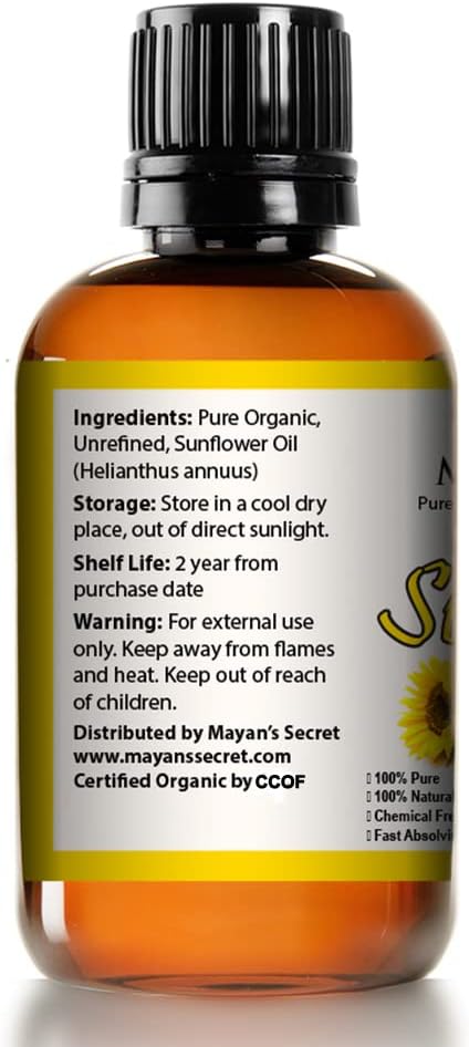 Mayan's Secret Sunflower Seed Oil MOISTURIZER | All Natural Cold Pressed USDA Certified Organic | Best for Prone Oily Skin and Face 4oz