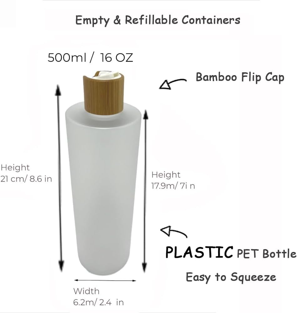 Empty Cosmetic Bottles 16oz/500ml With Bamboo Disc Top Flip Cap for Shampoo Lotion Liquid Soap,Cream,Refilable Squeeze Travel Size Toiletry Bottles Dispenser,Bathroom Accessories
