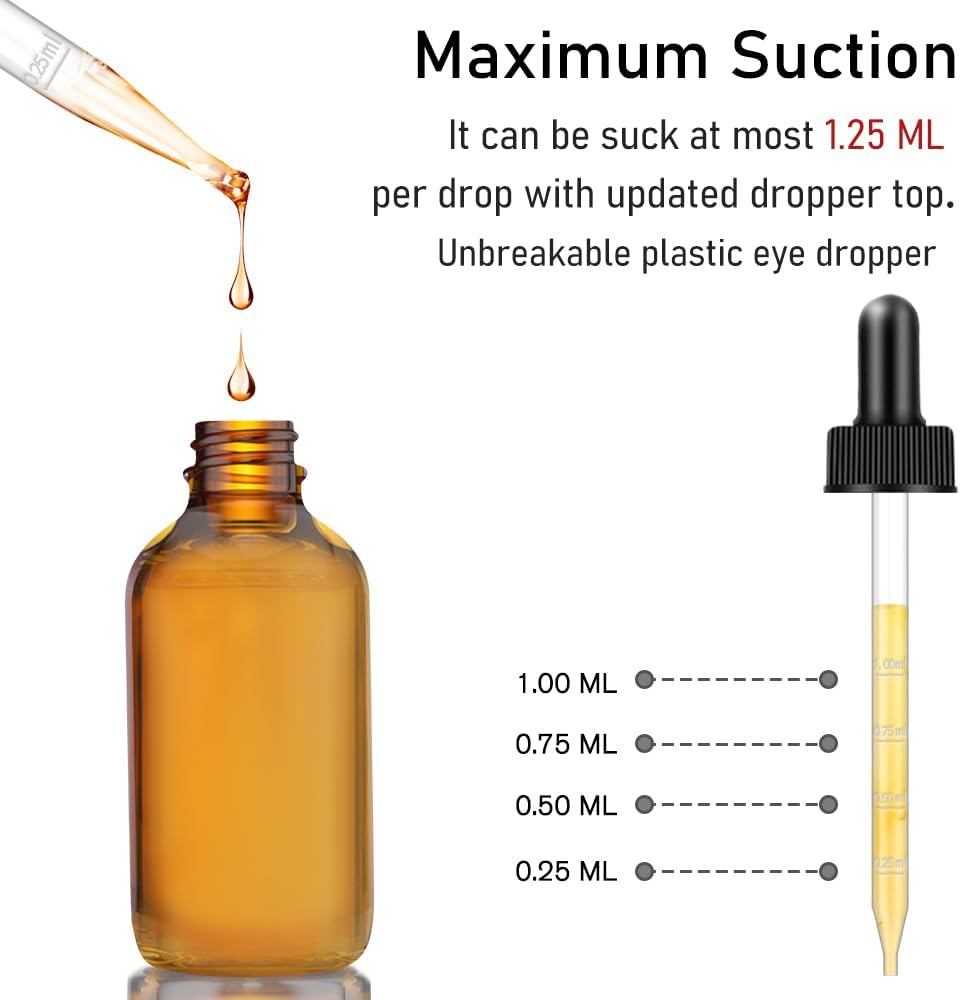 Bumobum 6 Pack, 4 oz Dark Amber Dropper Bottles with Measured Dropper, Glass Eye Dropper Bottle for Essential Oils with Funnel, Labels & Pipette, Droppers for Oils (Unbreakable Plastic Eye Dropper)