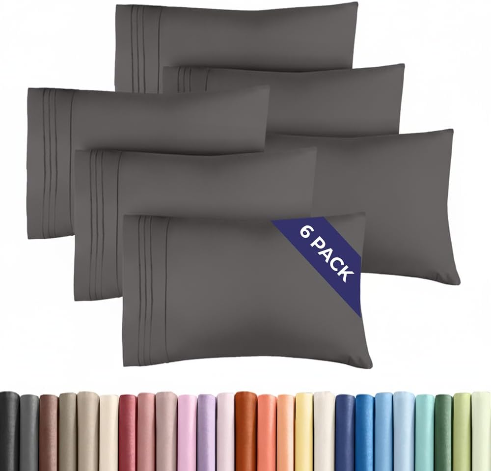 King Pillow Cases Set of 6 - Ultra Soft Hotel Quality Pillowcase Covers - Comfy. Cozy & Wrinkle Free - Shrink, Stain and Fade Resistant - Machine Washable Pillow Protectors - 6 Piece Set - Dark Grey