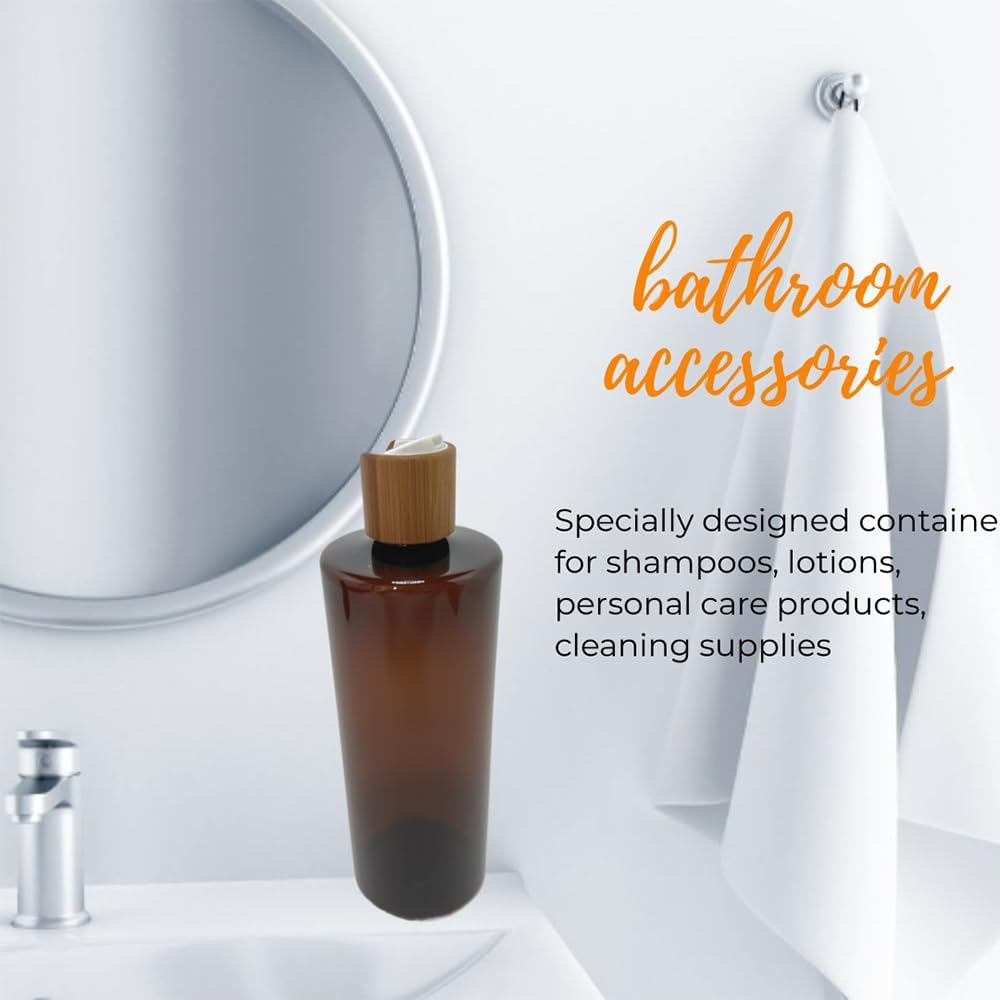 Empty Cosmetic Bottles 16oz/500ml 2 PACK With Bamboo Disc Top Flip Cap for Shampoo Lotion Liquid Soap,Cream,Refilable Plastic Squeeze Travel Size Toiletry Bottles Brown