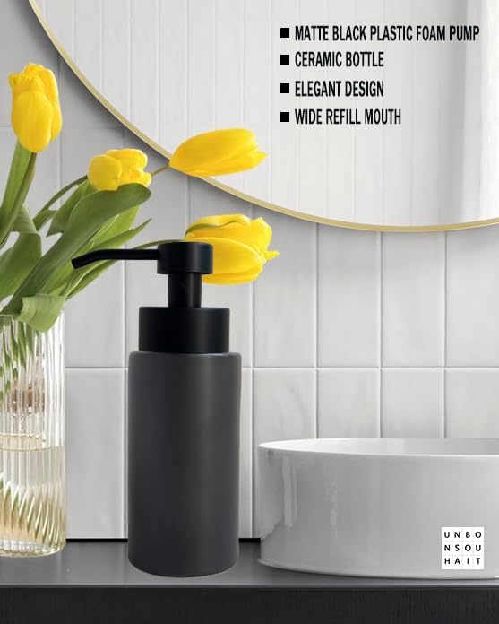 9.5 Oz Foaming Soap Dispenser for Bathroom,Kitchen Foam Soap Dispenser,Refillable Modern Foam Pump Bottle,Black Ceramic Foaming Hand Pump Dispenser (Black)