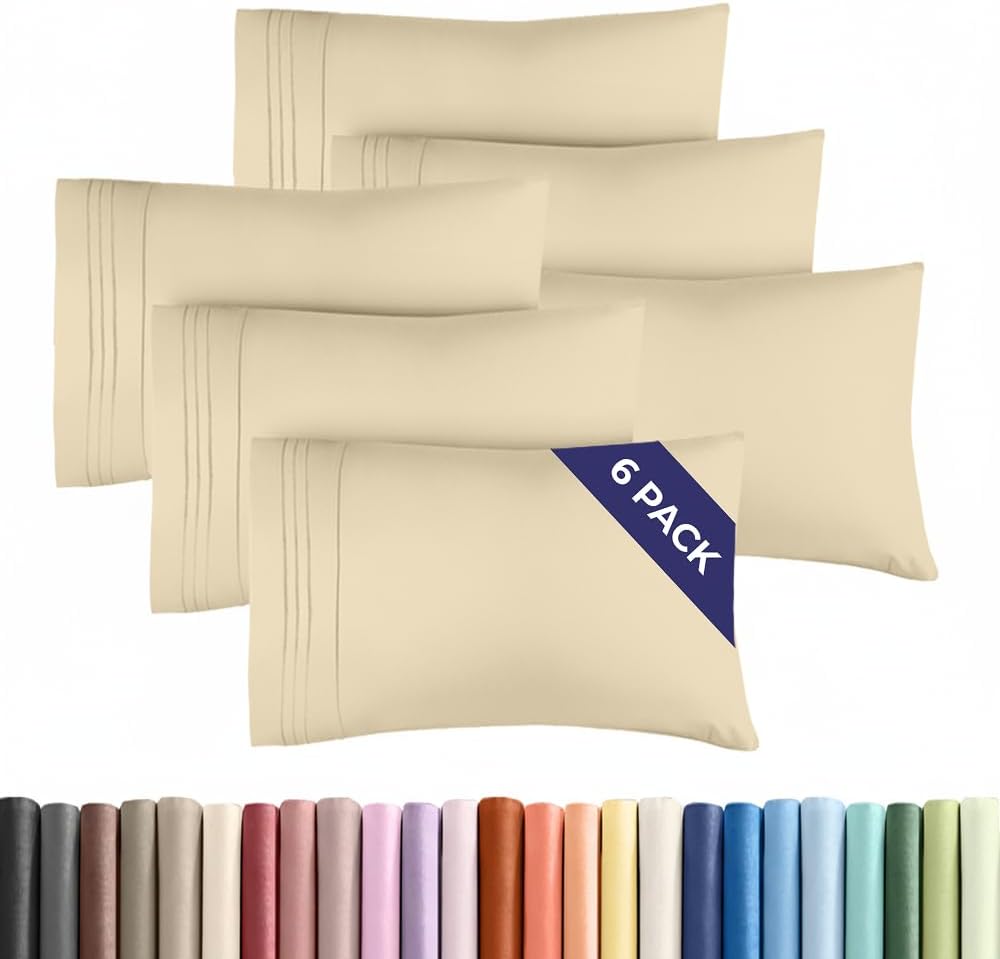 King Pillow Cases Set of 6 - Ultra Soft Hotel Quality Pillowcase Covers - Comfy & Wrinkle Free - Shrink, Stain and Fade Resistant - Easy-Care, Machine Washable Pillow Protectors - 6 Piece Set - Cream