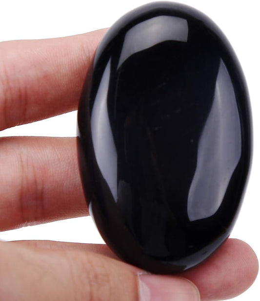 Natural Black Obsidian Oval Polished Worry Stones, Healing Crystal Indoor Fountain Stones Massage Energy Anxiety Relief Items